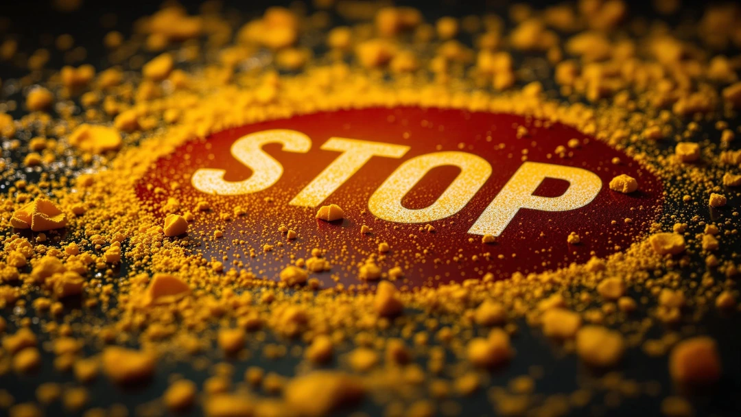 Avertissement visuel sur les dangers du safran, signal stop entouré de poudre jaune rappelant l’épice.