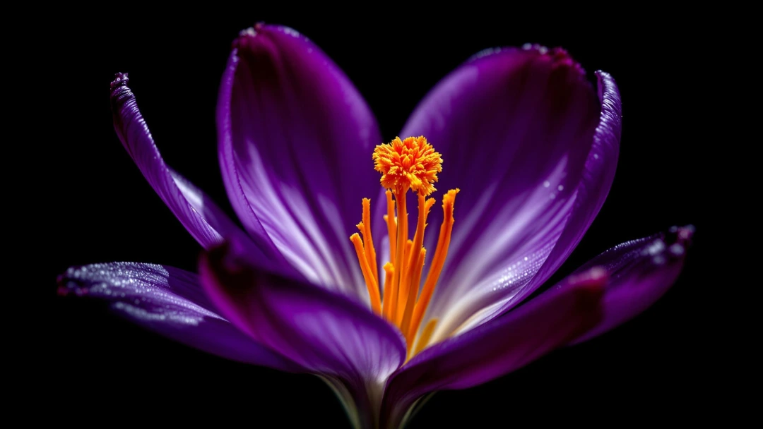 Gros plan d’une fleur de Crocus sativus en pleine floraison, révélant les trois stigmates rouges utilisés pour produire le safran.