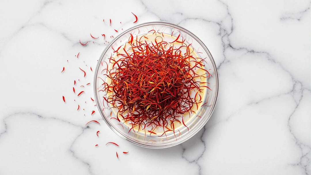 Stigmates de safran pur disposés dans une coupelle en verre sur fond de marbre blanc, illustrant un produit premium prêt à l’usage culinaire ou médicinal.