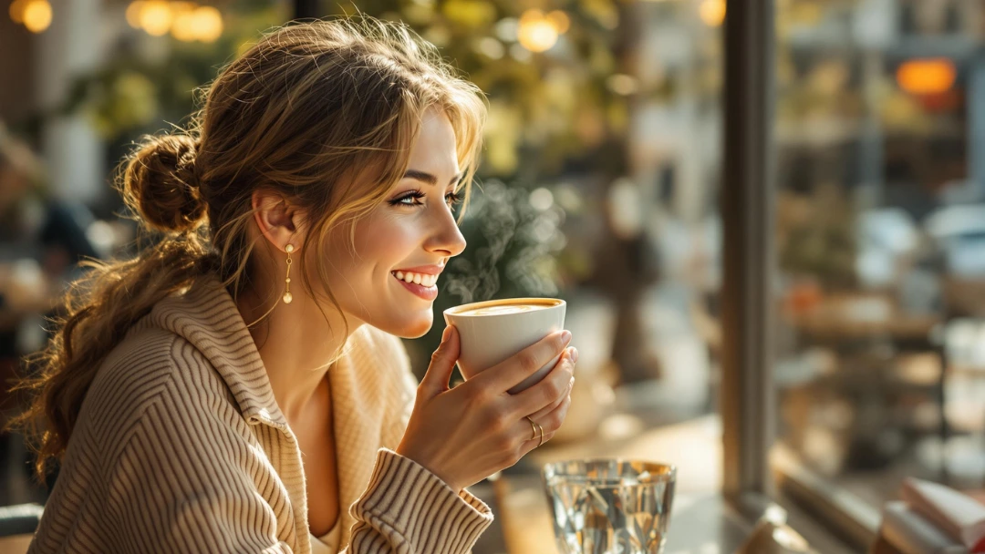 Femme détendue savourant une boisson chaude, symbole du bien-être mental et des effets apaisants du safran.