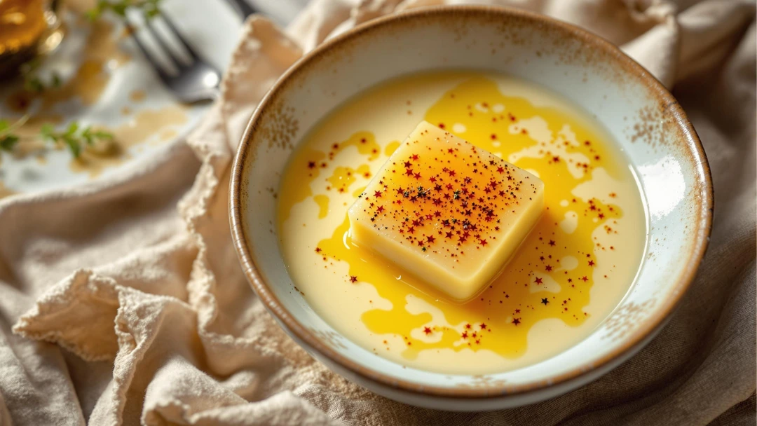 Dessert à la crème infusé au safran, riche en antioxydants bénéfiques pour le cerveau.