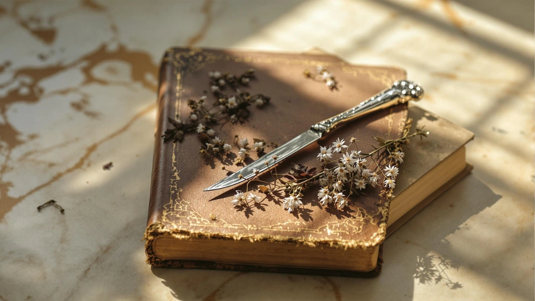 Livre ancien sur une table avec fleurs séchées, illustrant les traditions et la mémoire liée au safran.