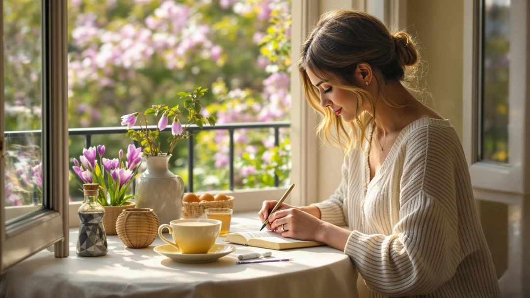 Rituel bien-être au safran avec journal et fleurs