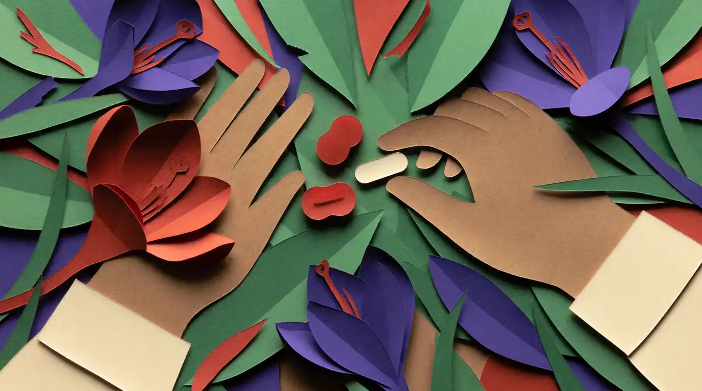 Gommes rouges, comprimé et fleurs de crocus, illustration d'un guide sur les gummies au safran