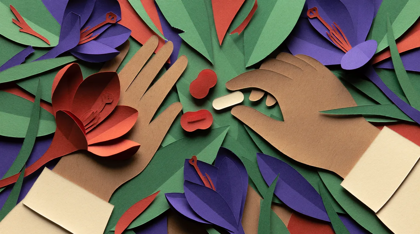 Gummies au safran, représentés par deux mains en papier découpé attrapant des bonbons rouges et un comprimé parmi des fleurs violettes.