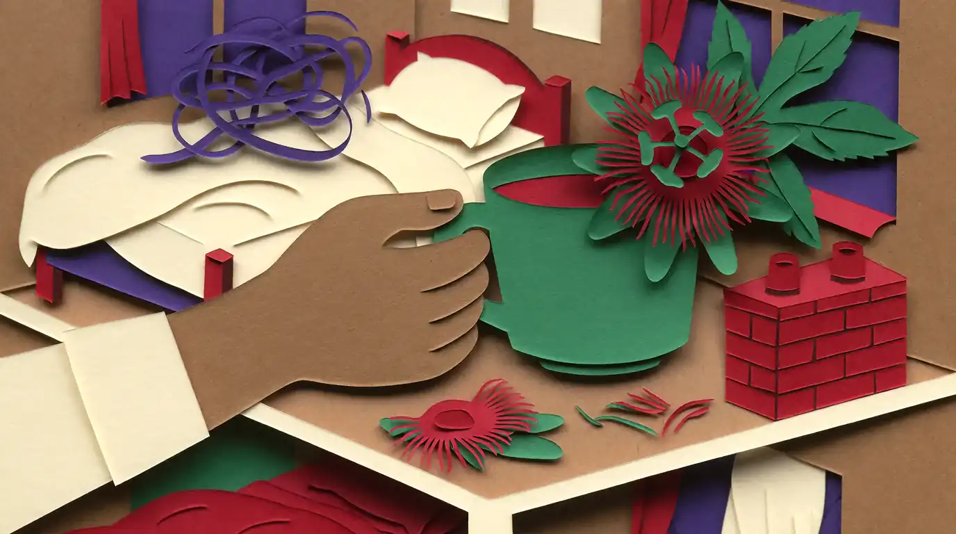 Tasse, fleur de passiflore et lit, illustration d'un article sur la passiflore et le sommeil