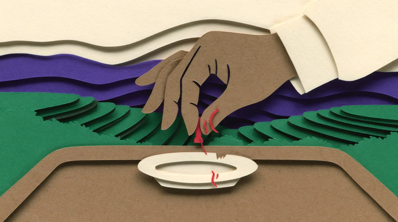 Safran et santé sont illustrés par une main en papier déposant des filaments rouges dans une petite assiette blanche.