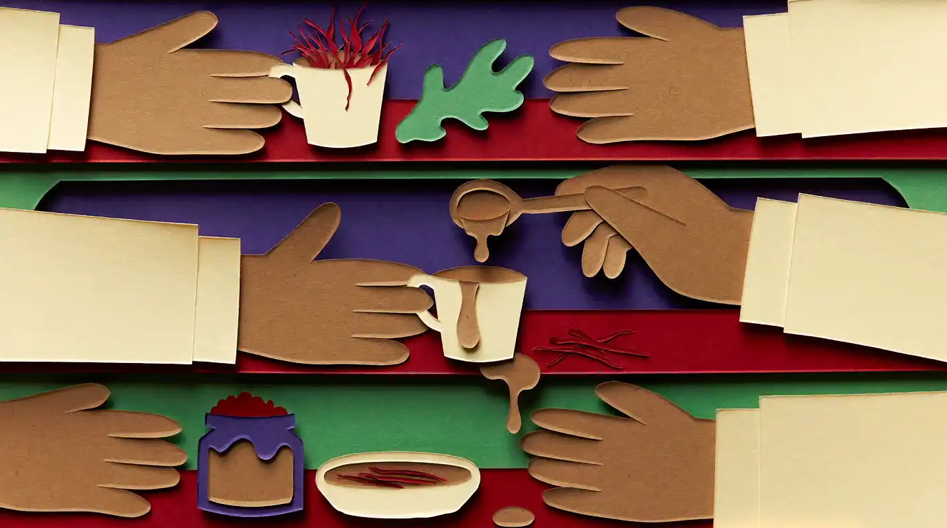 Tasse, miel et filaments de safran, illustration d'une association culinaire