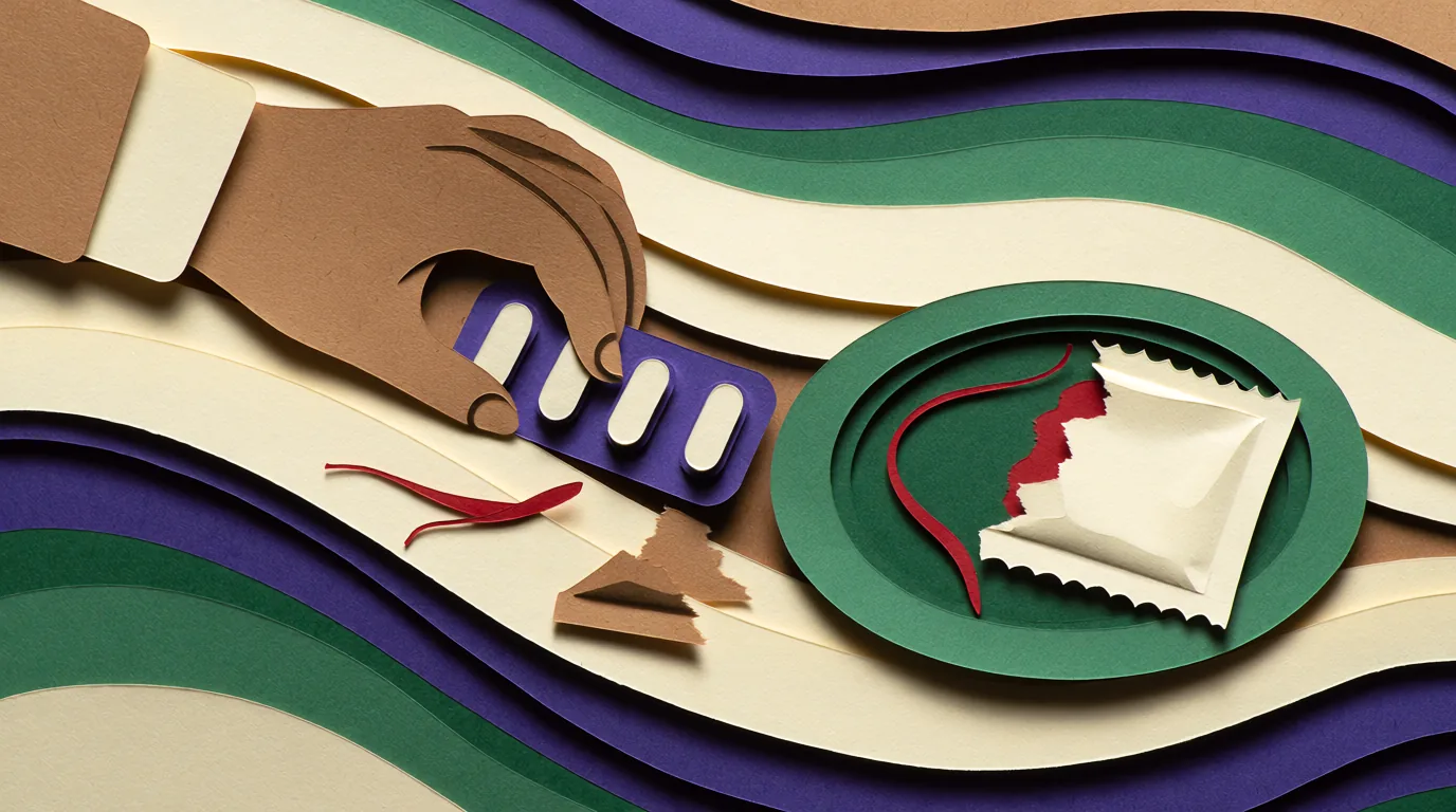 Comment utiliser le safran contre le stress s'illustre par une main en papier attrapant une plaquette de comprimés à côté de filaments rouges.