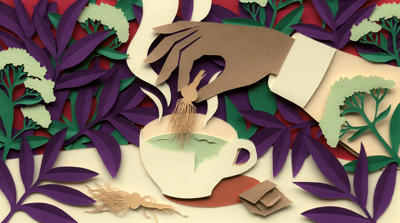 Valériane : ce que la racine fait vraiment pour dormir, illustré par une main plongeant une racine dans une tasse fumante entourée de feuillages.